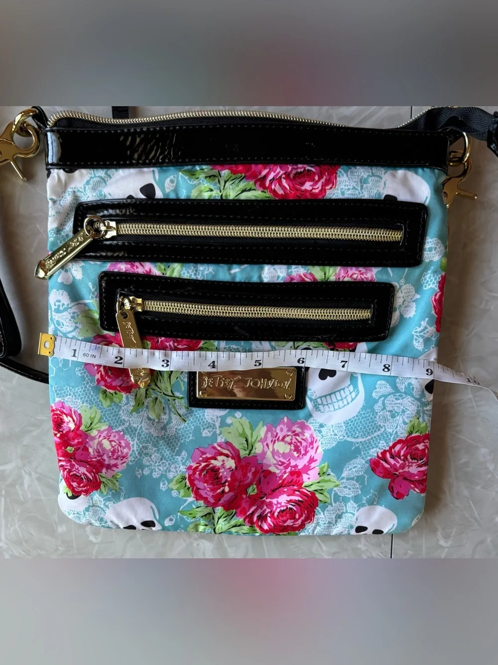 Besty Johnson Floral Skull Crossbody Bag in Turquoise and Pink